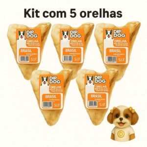 Kit de 5 Mordedores Orelha Bovina Natural para Cachorros Dip Dog